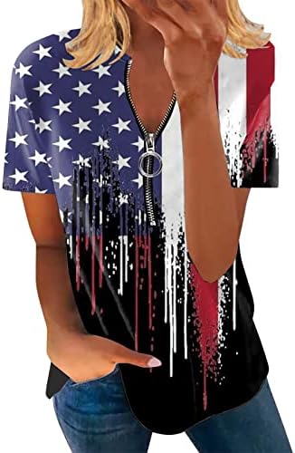 2023 חולצת דגל אמריקאית של נשים חצי רוכסן חולצות לנשים חולצות טורני שרוול קצר שרוול קצר