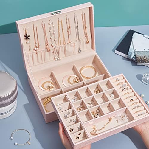 2000יי קופסת תכשיטים עם מארז אחסון מארגני מנעול עם תכשיטים עם 2 שכבות תצוגה לעגילים צמידי צמידי טבעות שעונים