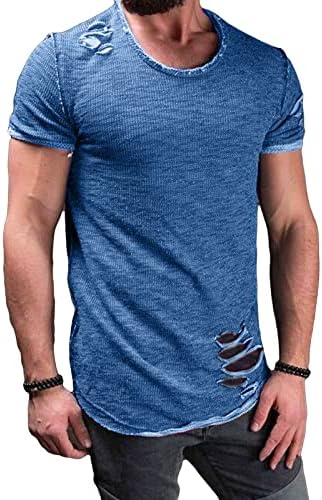 חולצות טריקו של חור גברים כותנה צוואר צוואר צוואר וינטג 'חולצה סרוגה עם שרוול קצר