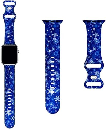 להקות מצוירות לחג המולד תואמות להקת Apple Watch 38 ממ 40 ממ 41 ממ, חג המולד חג המולד כחול לבן פתיתי שלג סיליקון רצועות כף יד תואמות לסדרת