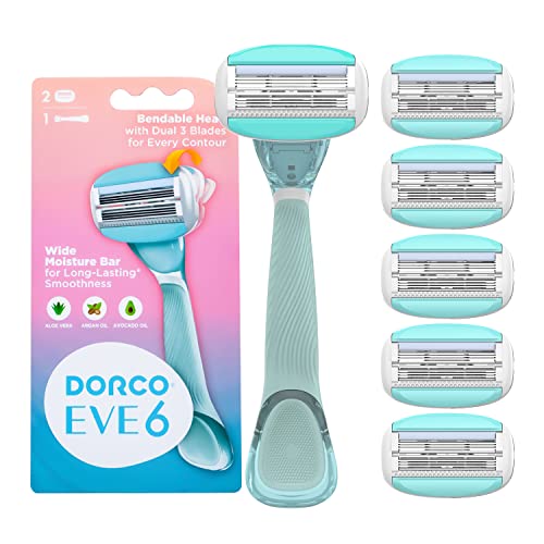 Dorco Eve 6 סכיני גילוח לנשים לגילוח קרוב במיוחד,, כפול 3 להבים מעוקלים עם ראש סכיני גילוח בכיפה-באיזור, סכיני גילוח לגילוח, מחסנית להחלפה