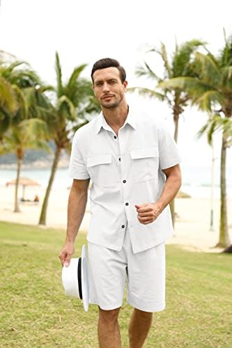 גברים 2 חלקים חולצות פשתן מגדירים תלבושות חוף קיץ