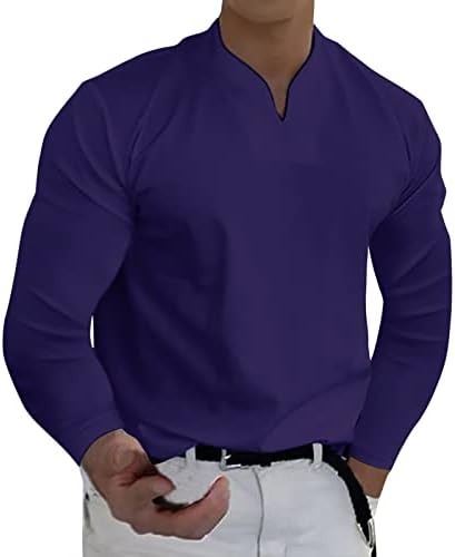 חולצות הנלי של גברים V גברים שרוול ארוך, שריר אביב רזה מתאים לחולצת טריקו מזדמנת