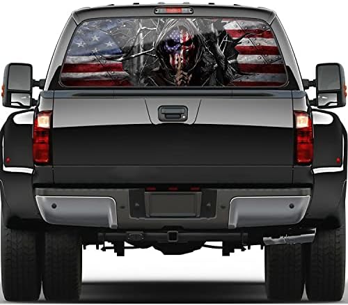 HSDIOKL דגל אמריקאי גולגולת גולגולת מדבקות חלונות אחוריים, מדבקות חלונות אחוריים, משאיות, רכב שטח, מכוניות, אוניברסלי, 66''X20 ''