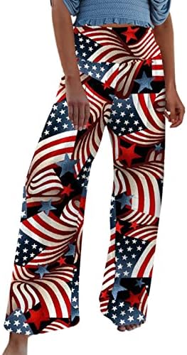 מכנסי רגל רחבים 4 ביולי פשתן לנשים דגל אמריקאי רושם מכנסי רגל רחבים של מותניים גבוהים עם כיסים מכנסי פאלאצו מכנסיים