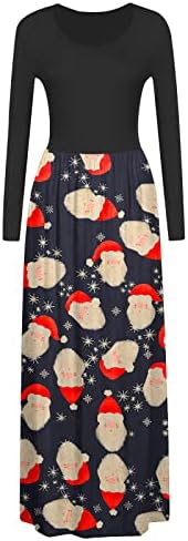 שמלות חג מולד לנשים פטיט רזה מקסי שמלה חג המולד הדפס טלאים אימפריה מותניים שמלת שרוול ארוך מזדמן עם כיס
