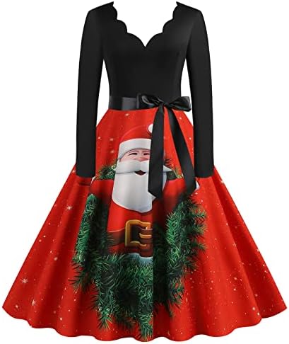 שמלת חג המולד לנשים 1950 בציר מסולסל צווארון נשף מסיבת קוקטייל שמלת קריקטורה הדפסת אונליין נדנדה שמלות