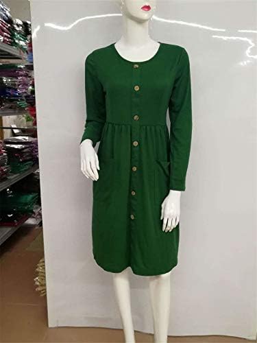 Andongnywell בצבע אחיד של נשים שמלות חולצת טי קיץ מזדמן כפתור שרוול ארוך שמלת נדנדה עם כיסים