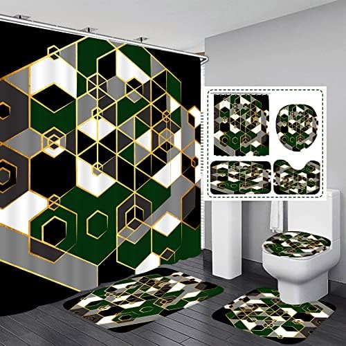ABBESUN 4 PCS סטים וילון מקלחת גיאומטרית ירוקה עם ערכות שטיח 4 יח ', סטים לאמבט