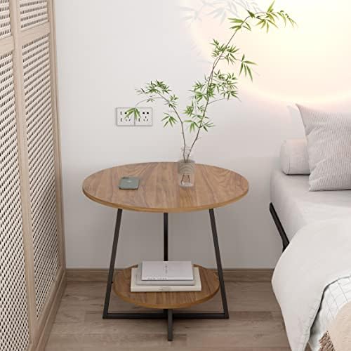 למהורם 2 קומות קטן עגול צד שולחן, עץ סוף שולחן עם אחסון מדף, מודרני קפה שולחן עם מתכת מסגרות לסלון, חדר שינה וכל חללים קטנים 23.4