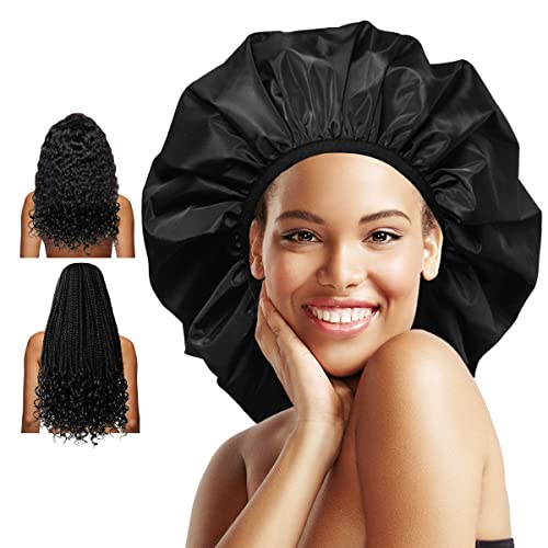 כובע מקלחת אובאן גדול במיוחד, שכבה כפולה עמיד למים לשימוש חוזר, מצנפת מקלחת בטנת סאטן לנשים עבה, שיער ארוך, לוקס, צמות