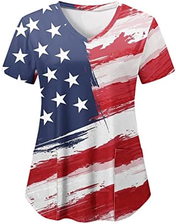 חולצות 4 ביולי לנשים דגל אמריקאי שרוול קצר שרוול נ 'צוואר צוואר עם 2 כיסים חולצות לבגדי עבודה מזדמנים של חג