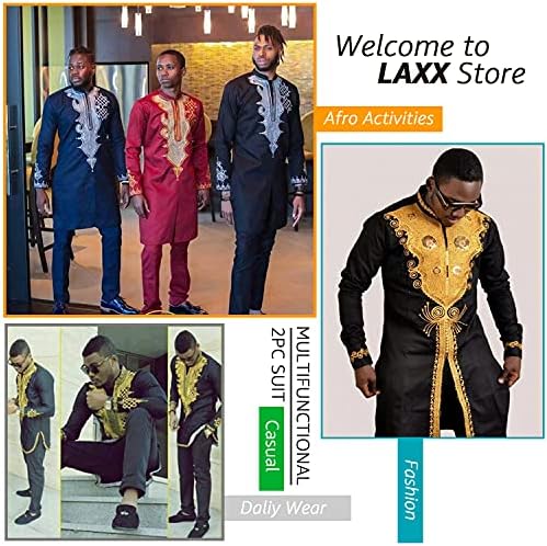 חולצת דשיקי אפריקאית של Laxx גברים אפריקאית, דפוס שבטי מסורתי הדפס זהב, עליון שרוול ארוך ומכנסיים מתאימים כחול שחור, גדול