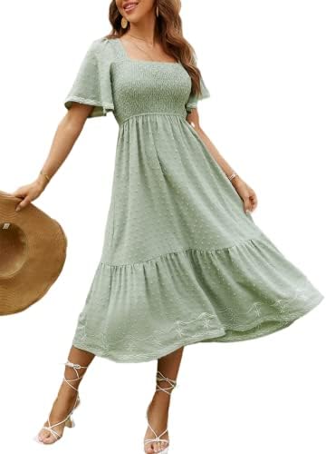 נשים של קצר שרוול קפלי כיכר צוואר קו קיץ זורם מקסי ארוך שמלה