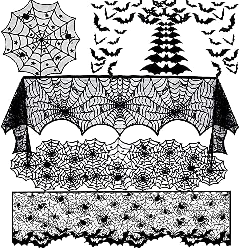 סט קישוטים של Veylin 5pack ליל כל הקדושים, מפת שולחן עכביש שחור עם עטלף תלת -ממדי לקישוטים מקורה ליל כל הקדושים