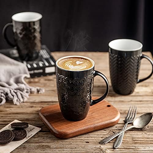סט ספלי קפה גדולים של אמורארק של 6, 22 עוז ספלי קפה קרמיים גבוהים עם דוגמאות גיאומטריות בעלות מרקם לקפה / תה / בירה / קקאו חם, מדיח כלים