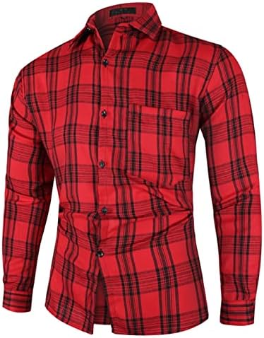 חולצות משובצות ZDFER לגברים, כפתור דש חולצה למטה שרוול ארוך שרוול ארוך חזה רזה כושר סווטשירטים בכיס בסיס בסיסי