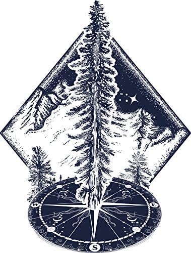 עץ אורן מלכותי בטבע הרים מושלג על מדבקת ויניל אמנות גיאומטרית מצפן