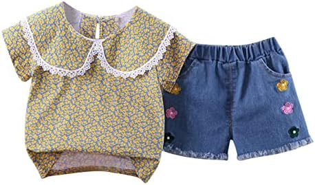 XBGQASU פעוטות ילדים בגדים בנות שרוול קצר הדפס פרחוני חולצה טופ ג'ינס מכנסיים קצרים 2 יחידות תלבושות סט 6 חודשים בנות אביב תלבושת