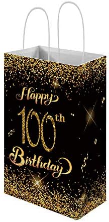 שקיות מתנה של יום הולדת 100 מאושר עם ידית, זהב 12 חבילות ושחור 100 שנה תיקי העדפה למסיבה לאורחים, תיק פינוק נייר, ניילון נוכח, קישוטים