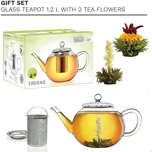 קומקום זכוכית Creano 40oz עם תה תה נירוסטה נשלף - כולל 2 תה פורח - מתנות - קומקום תה ויצרנית תה