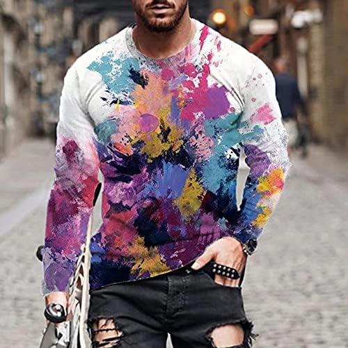 חולצות טריקו של שרוול ארוך של XXBR לגברים, אופנה 3D חידוש ציור שמן אימון הדפסה מתאימה צמרות צוואר צווארון מזדמן
