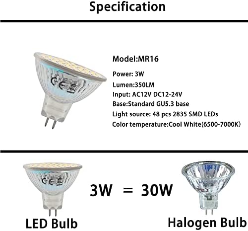 גלמינג מר 16 גו 5.3 מנורת כיסוי זכוכית בסיס דו-פינים 48-2835 מנורת לד אור זרקור 3 וולט נורות פנימיות 12 וולט 12-24 וולט חבילה לבנה חמה