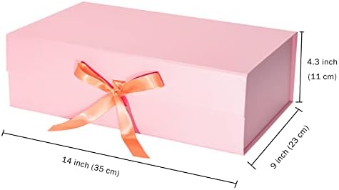 קופסא מתנה ורודה עטיפה 2 יחידות עם סרט סאטן, קופסת מתנה מתקפלת בגודל 14 על 9 על 4.5 אינץ ' עם סגירה מגנטית למסיבה, חתונה, אריזת מתנה,