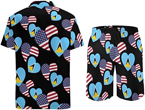 סנט לוסיה ארהב דגל תלבושות חוף של שני חלקים כפתור הוואי מטה חולצה עם שרוול קצר וחליפות מכנסיים קצרים
