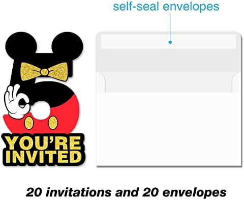 עכבר שחור ואדום הזמנות למסיבת יום הולדת 5 הזמנות נצנצים עכבר חמוד בנים בצורת יום הולדת בן 5 מזמין הזמנות מילוי עם מעטפות, סט של 20