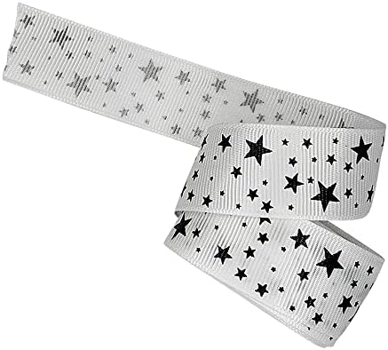 כוכבים מודפסים סרט Grosgrain 5 מטרים 1 אינץ ' - סרט גרוס גרוס -מוצק לבן עם כוכבים שחורים - מושלם למלאכה - אביזרי שיער DIY - קשתות - עטיפת