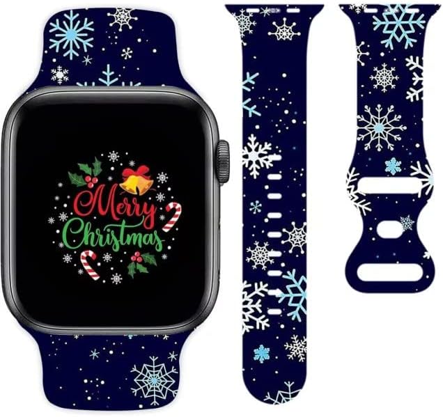 להקת שעון חג המולד תואמת ל- Apple Watch 38 ממ 40 ממ 42 ממ 44 ממ לנשים בנות גברים, פתית שלג מתכווננת רכה סיליקון רצועת ספורט רצועת רצועת
