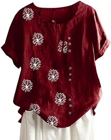 חולצת פשתן כותנה בגודל פלוס לנשים 2023 כפתור למטה חולצה קצרה חולצה צוואר צוואר צוואר טוניקה בסיסית טוני פרחים