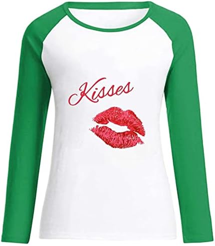 נשיקות שפתיים הדפסות חולצות שרוול ארוך לנשים ליום האהבה צבע בלוק בלוק רגלן חולצה חולצה אופנה יוצאת טי טוניקה