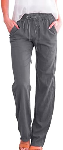 מכנסי פשתן כותנה מזדמנים של קיץ לנשים מכנסי רגל רחבים עם כיסים צבע אחיד עם מכנסי רגל ישר מכנסי חוף מכנסיים