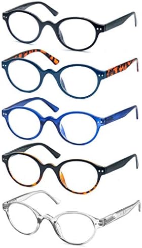 משקפי קריאה של אולומי גברים נשים קוראי עגולים קלאסיים + 1.50 משקפיים רמאים עגולים עם מסגרת קלת משקל התאמה נוחה 5 מארז