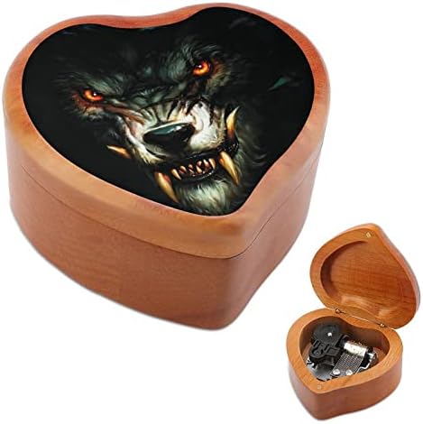 זאב זאב זועם פנים בחושך קופסא מוזיקה מעץ רוחב צורת לב בצורת קופסאות מוזיקליות מודפסות ליום הולדת ולנטיין יום הולדת
