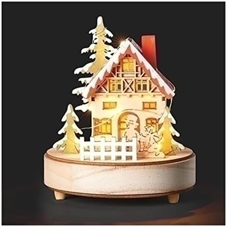 בית מחזמר רומאי עץ מואר עם צלמית איש שלג, גובה 6.5 אינץ ', קישוט לחג המולד