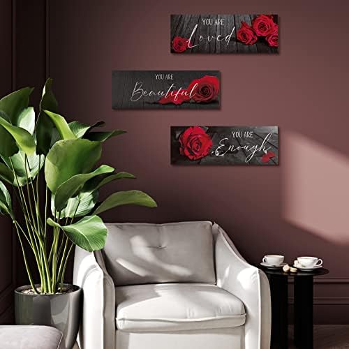 SINTUFF 3 חלקים אדום ורד פרחוני פרחוני עץ תלוי אמנות קיר ציטוטים חיוביים אתה אהוב אתה יפה אתה מספיק השראה של סימני מילה מעורר השראה לנשים