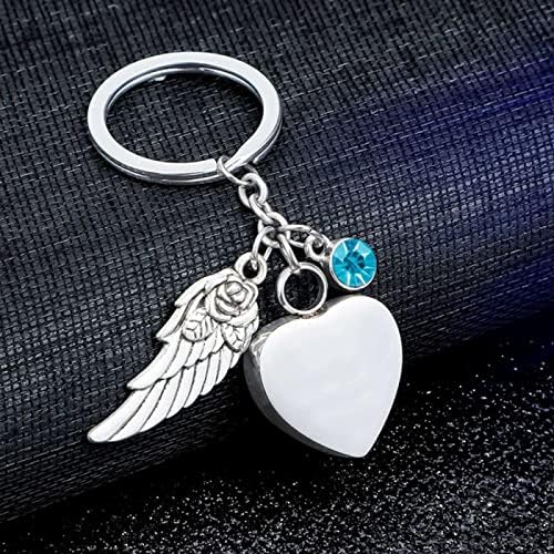 Dotuiarg כנפי מלאך שריפת לב תכשיטים מפתח מפתח למחזיק מפתחות אפר אנוש מחמד לאפר עם אבני לידה