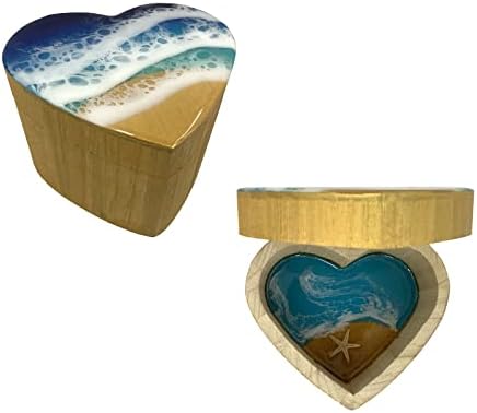 מתנות יום אמהות טובות 2023, ארגז טבעת בעבודת יד בהשראת אוקיינוס, קופסת תכשיטים מעץ בצורת לב, אמנות חוף שרף אפוקסי, מתנות הוואי לנשים