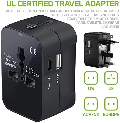 Travel USB פלוס מתאם כוח בינלאומי התואם ל- Blu Studio G Mini עבור כוח עולמי לשלושה מכשירים USB Typec, USB-A לנסוע בין ארהב/איחוד האירופי/AUS/NZ/UK/CN