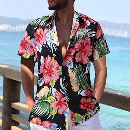 חולצות הוואי של Beuu Mens, שרוול קצר בקיץ כפתור הדפס פרחוני טרופי למטה כושר רגוע בכושר חוף חוף אלוהה