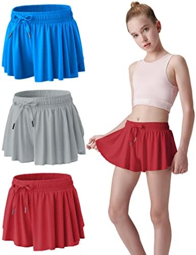 3 מארז בנות מכנסיים קצרים זורמים עם אוניית ספנדקס 2 ב-1 חצאיות פרפר נוער לכושר, ריצה, ספורט