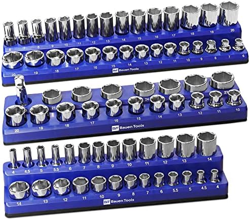 כלי Bauen Socket Socket Socket Set -3 חלק מחזיק שקע מגנטי מטרי סט כחול-כונן 1/2 אינץ ', 3/8 אינץ' ו -1 אינץ ', מחזיק 75 שקעים, מארגן מגש
