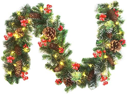 יואונסקין 9ft מלאכותי לחג המולד תפאורה עם 50 נורות LED, 20 קונוסים אורן 90 סוללת פירות אדום המופעלת חג המולד מקלט חג המולד מעטפת אח מקורה