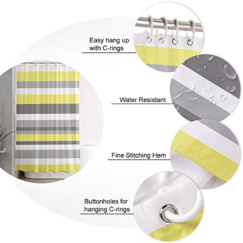 וילון מקלחת Queenker פסים צהובים-אפורים אטומים למים וילון מקלחת עם 12 ווים פלסטיק, עיצוב חג חורף למלון בית אמבטיה, 72 W x 72 L
