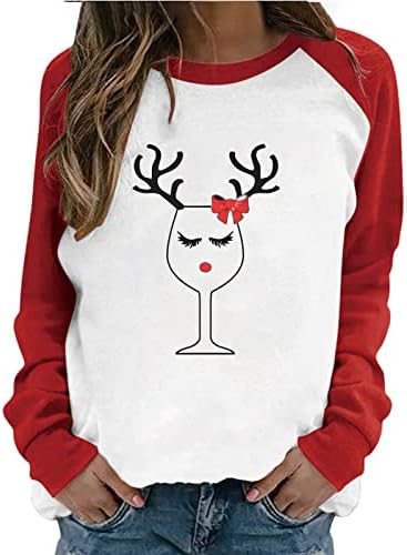 צמרות חג המולד של נשים אסתטיות מודפסות חולצות שרוול ארוך חולצה בלוק צבע חמוד סווטשירט סוודר סוודר נוח