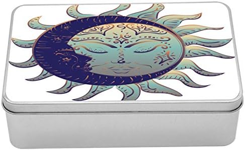 קופסת מתכת ירח של אמבסון קסם, עיצוב שמש מודרני וסהר עם פרטים מזרחיים, מיכל תיבת פח מלבנית רב-תכליתית עם מכסה, 7.2 x 4.7 x 2.2 , אינדיגו