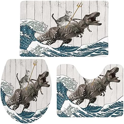 שטיח אמבטיה מצחיק לחתול בוזיקר, דינוזאור חתול מגניב עיצוב גל אוקיינוס יפני שטיחי אמבטיה רכים, שטיח אמבטיה כפרי מעץ אסם, 24 על 16 אינץ